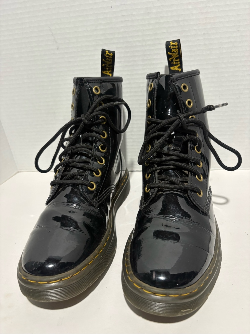 Dr. Martens Black Patent Lace-Up Ankle Boots with Yellow Stitching
